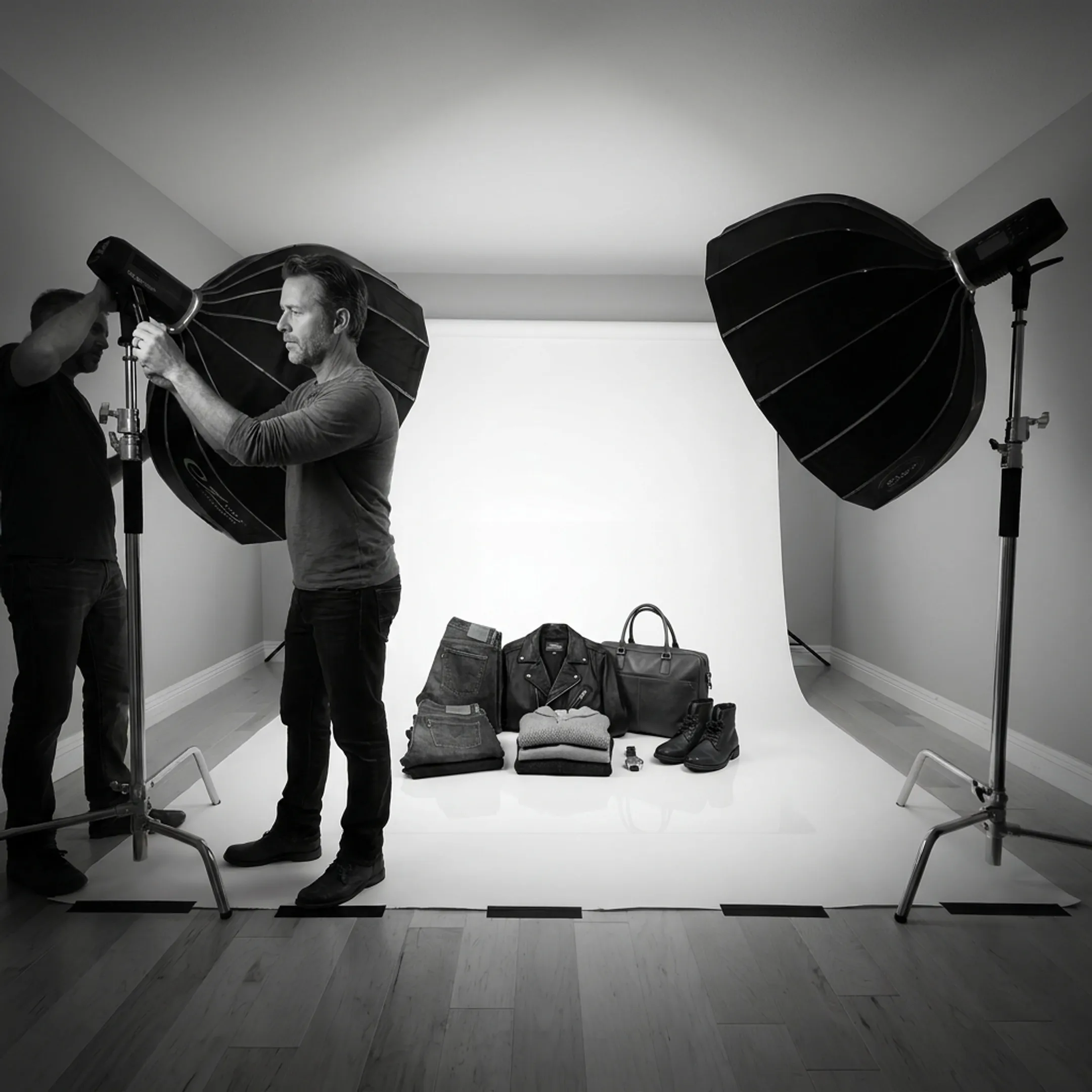 Photographer staging products under professional studio lights for ecommerce catalog