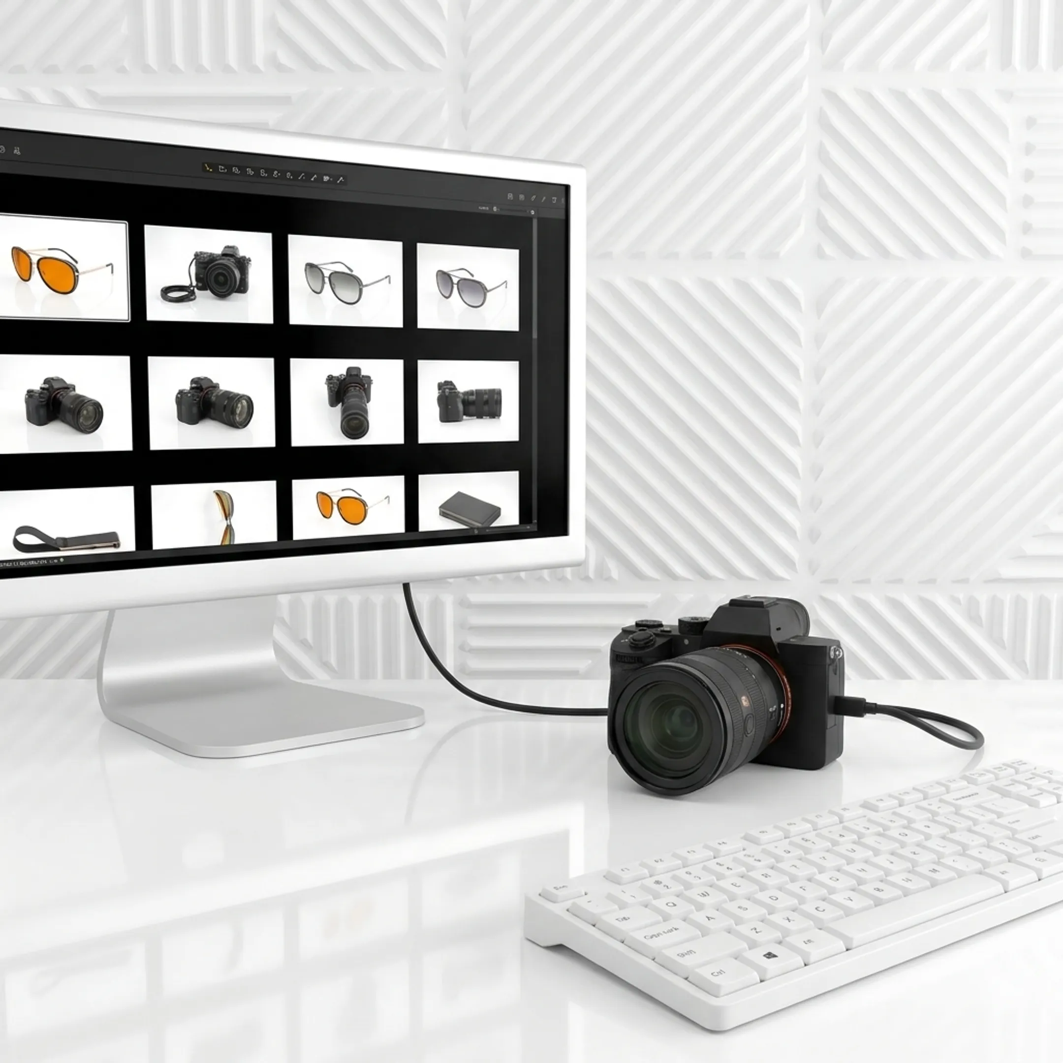 Photographer adjusting camera tethered to monitor during commercial studio product shoot.