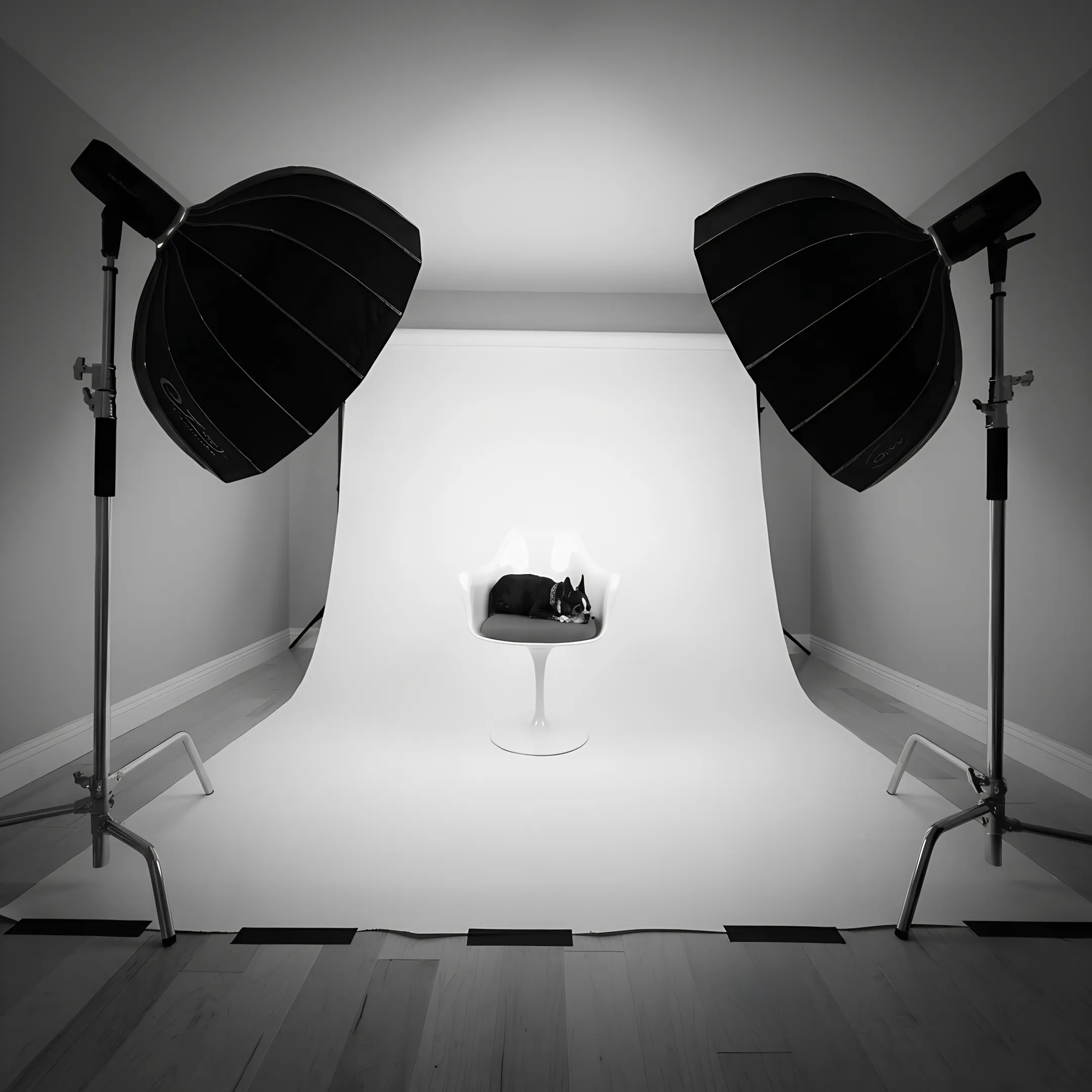 Photographer arranging products on white studio table for catalog shoot