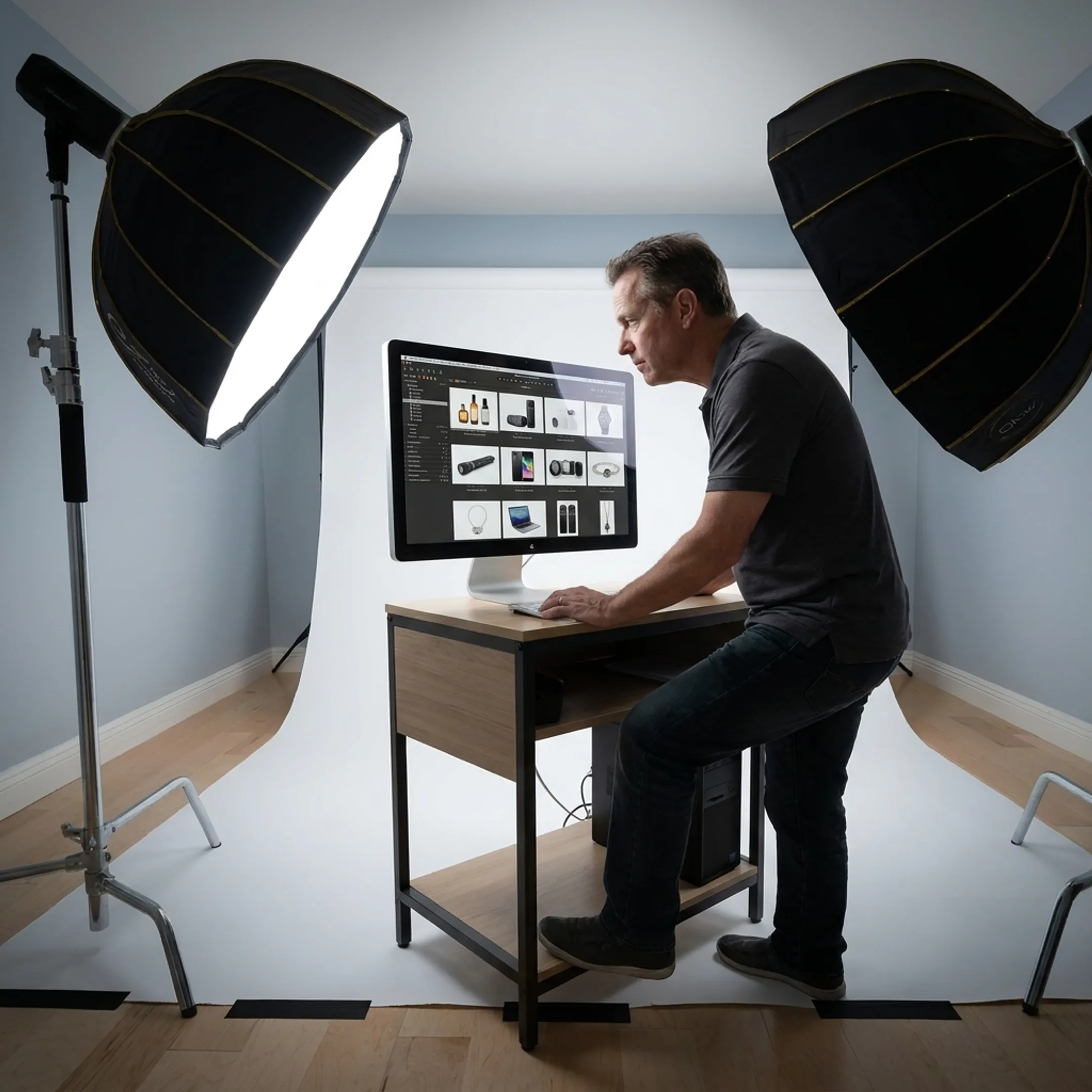 Photographer reviewing high-resolution product imagery on a tethered monitor in a photo studio
