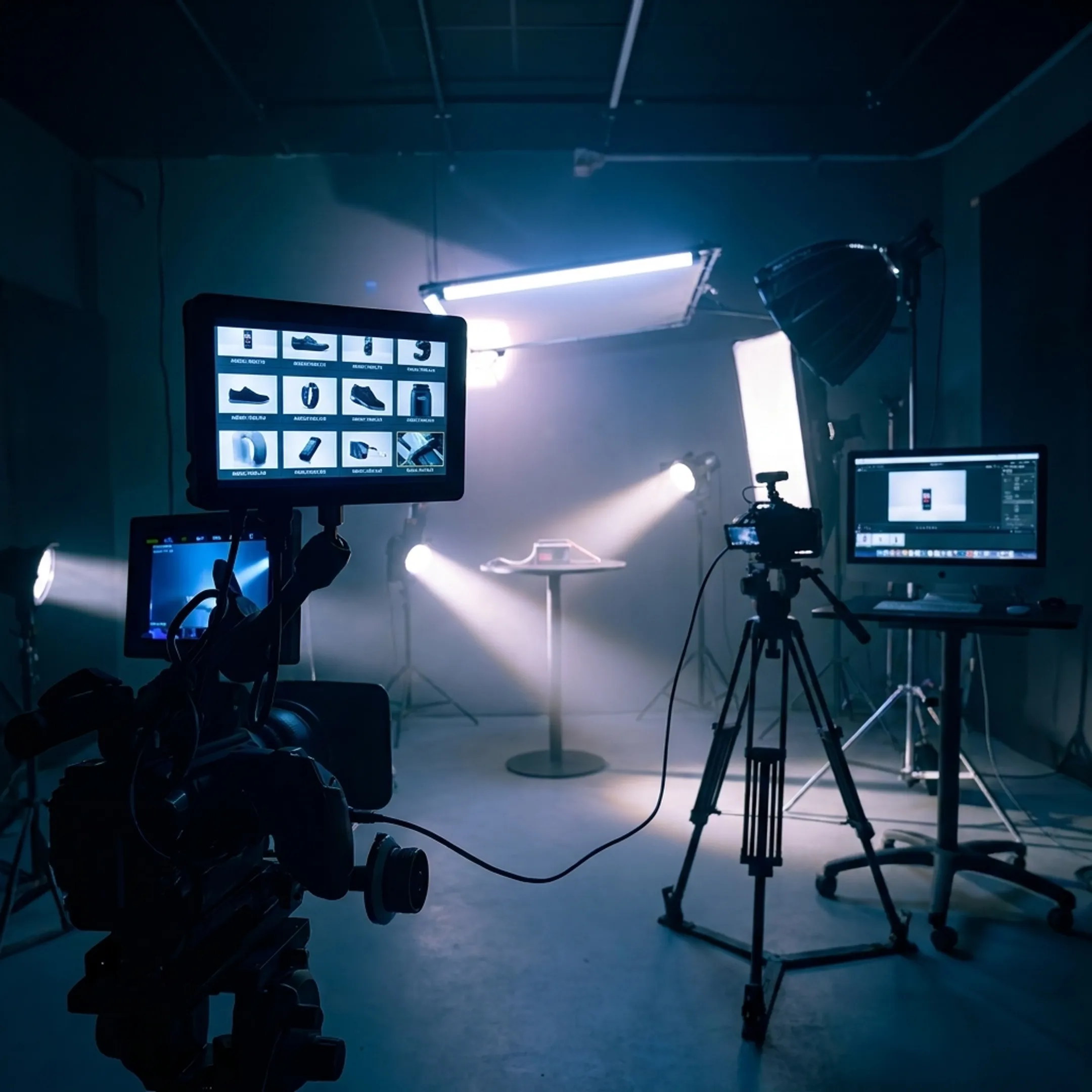Commercial photographer adjusting studio lighting for tabletop product photography