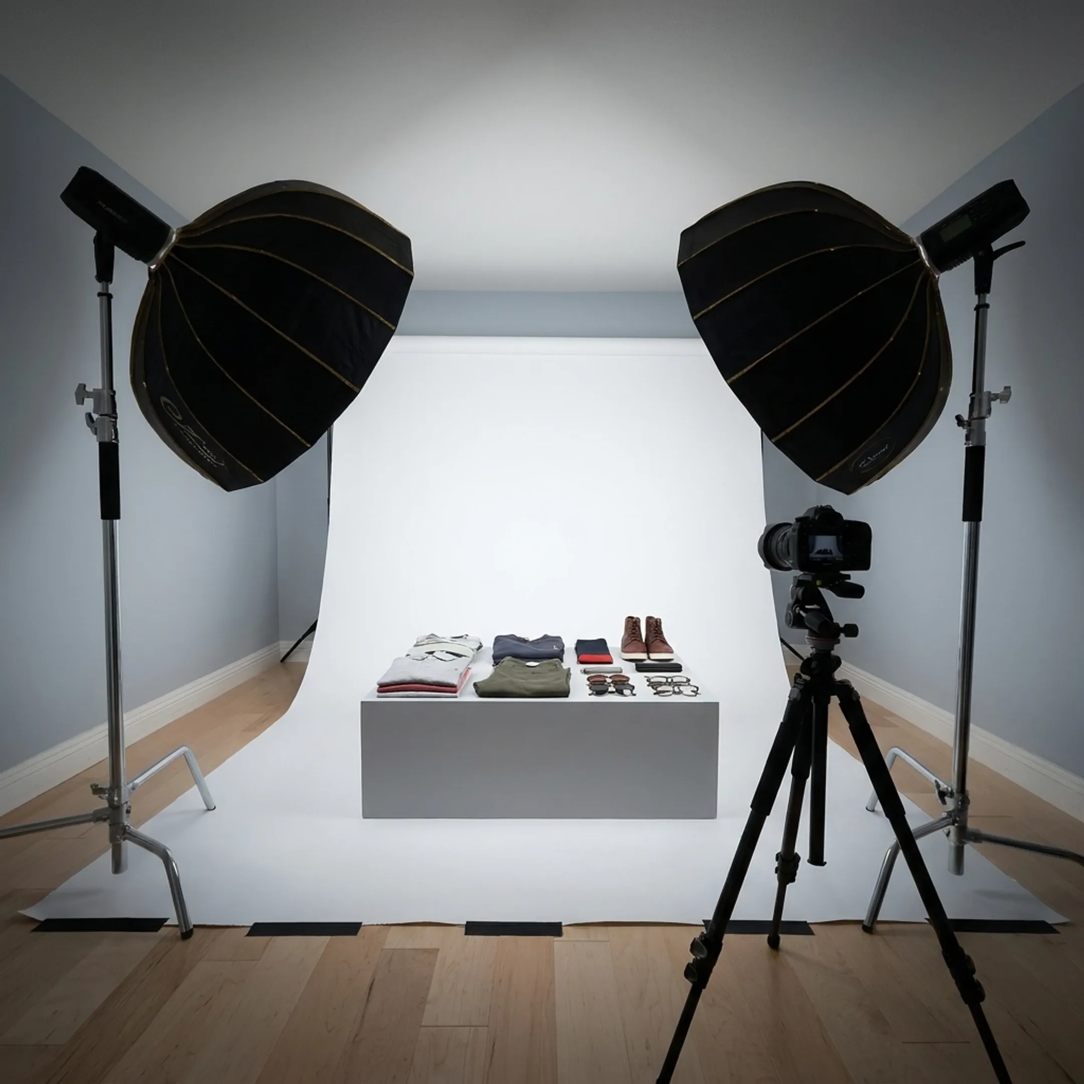 Commercial photography studio lighting setup with camera and staged products