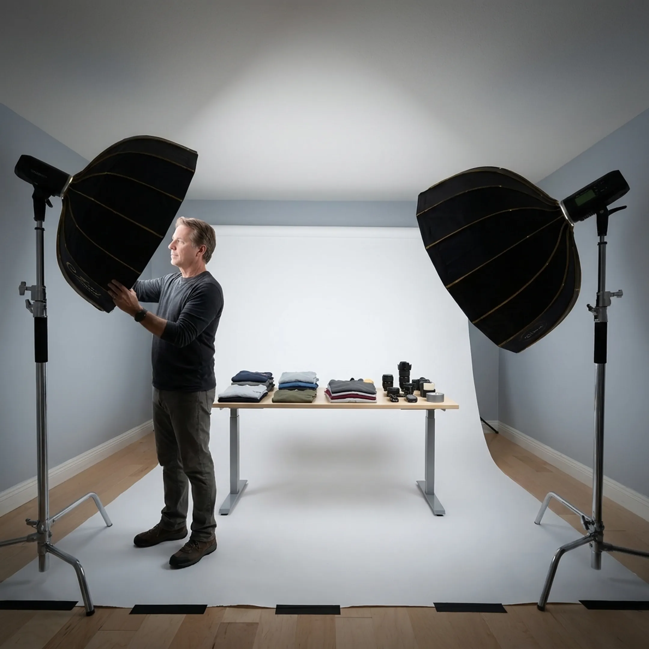 Commercial photographer setting up lighting for an active lifestyle product photoshoot