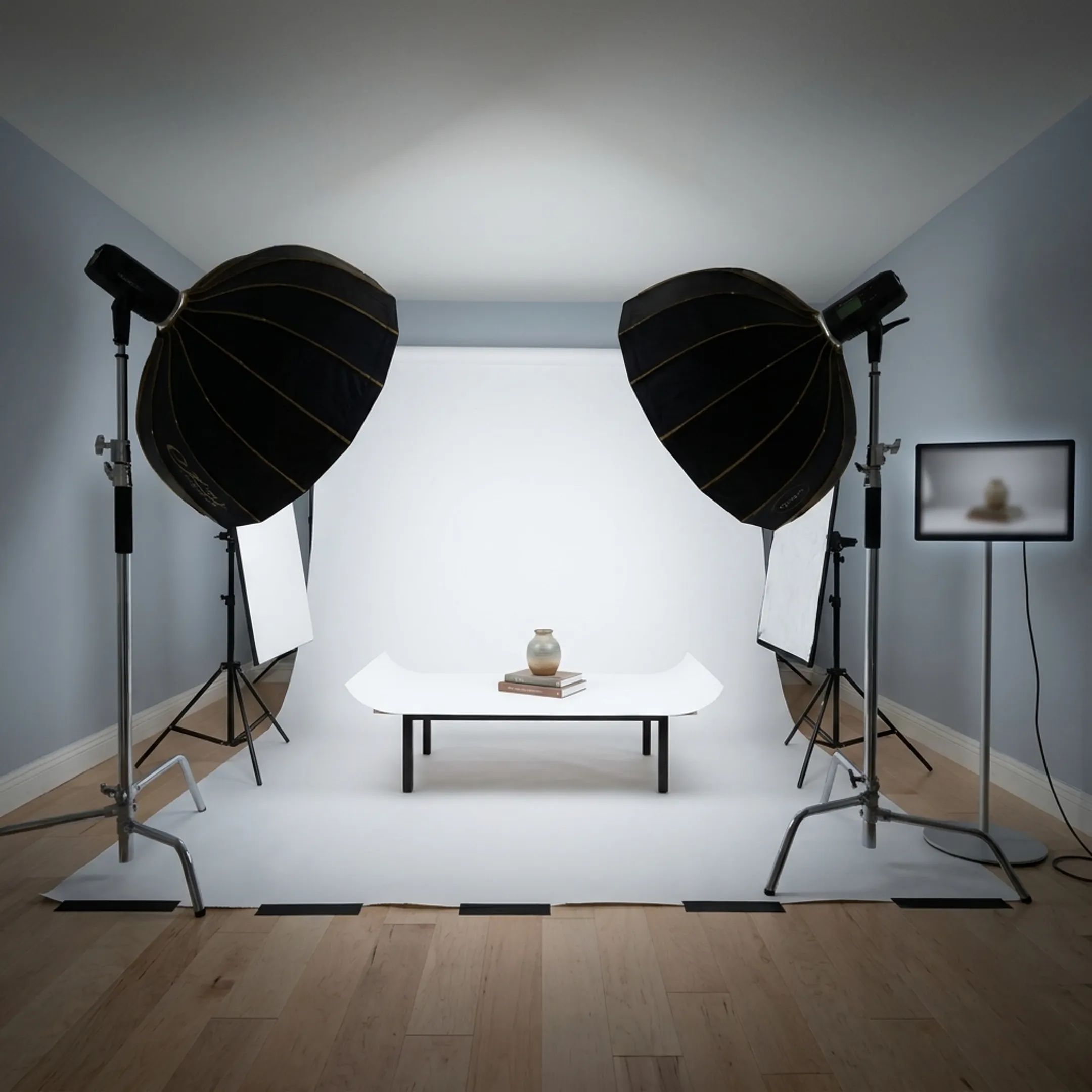 Photographer styling product samples under commercial studio lights