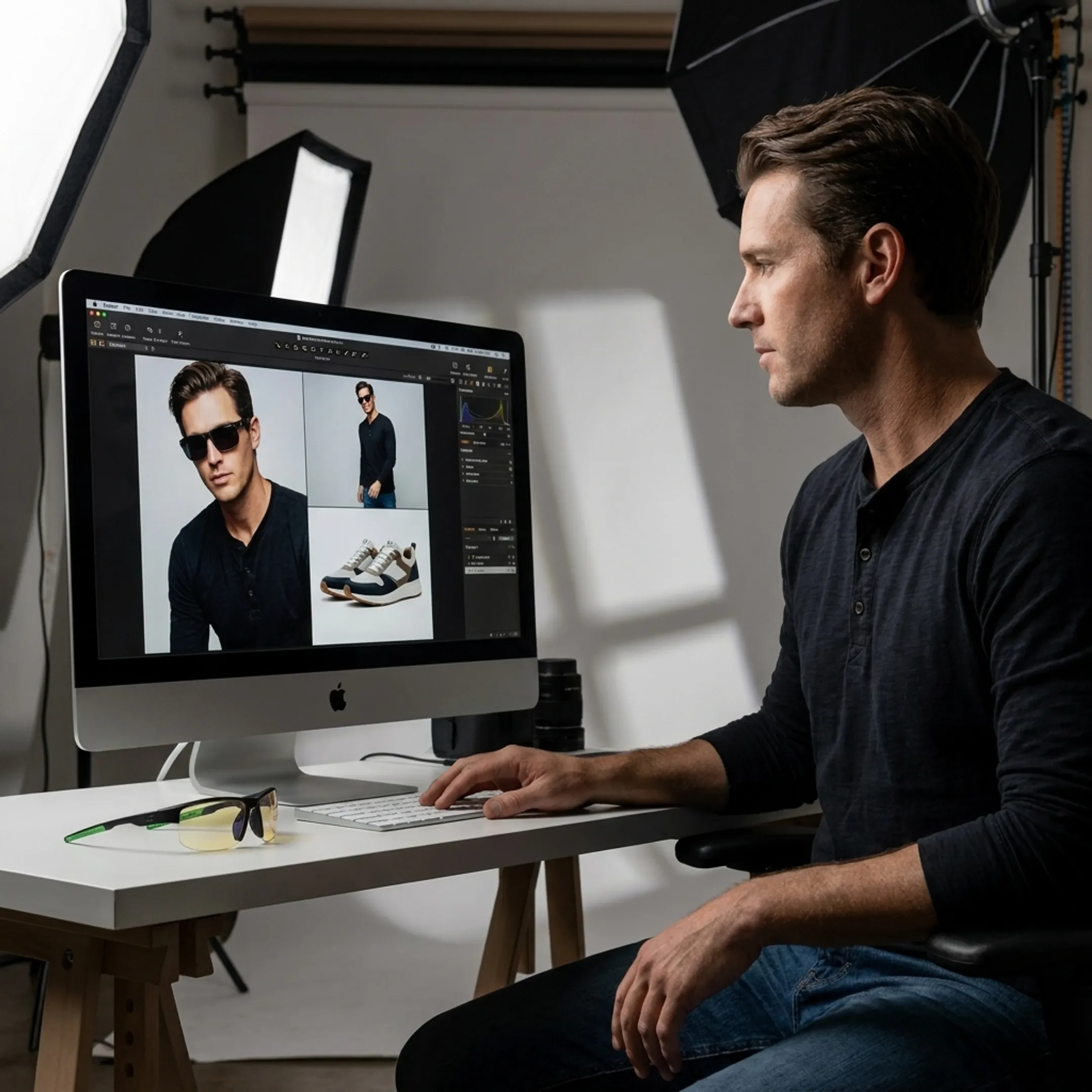 Photographer reviewing commercial images on monitor