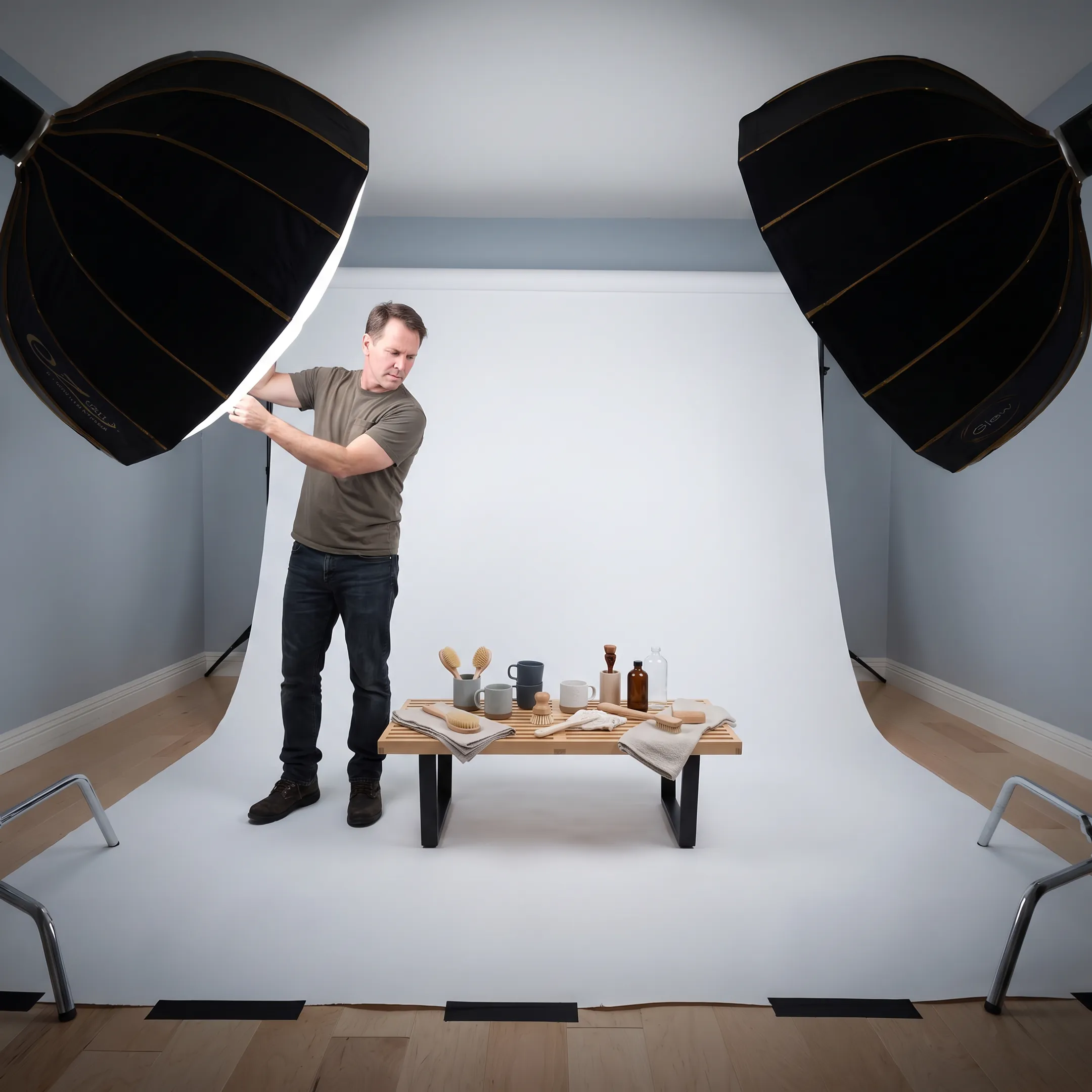 Professional commercial photographer setting up lighting for brand product photography