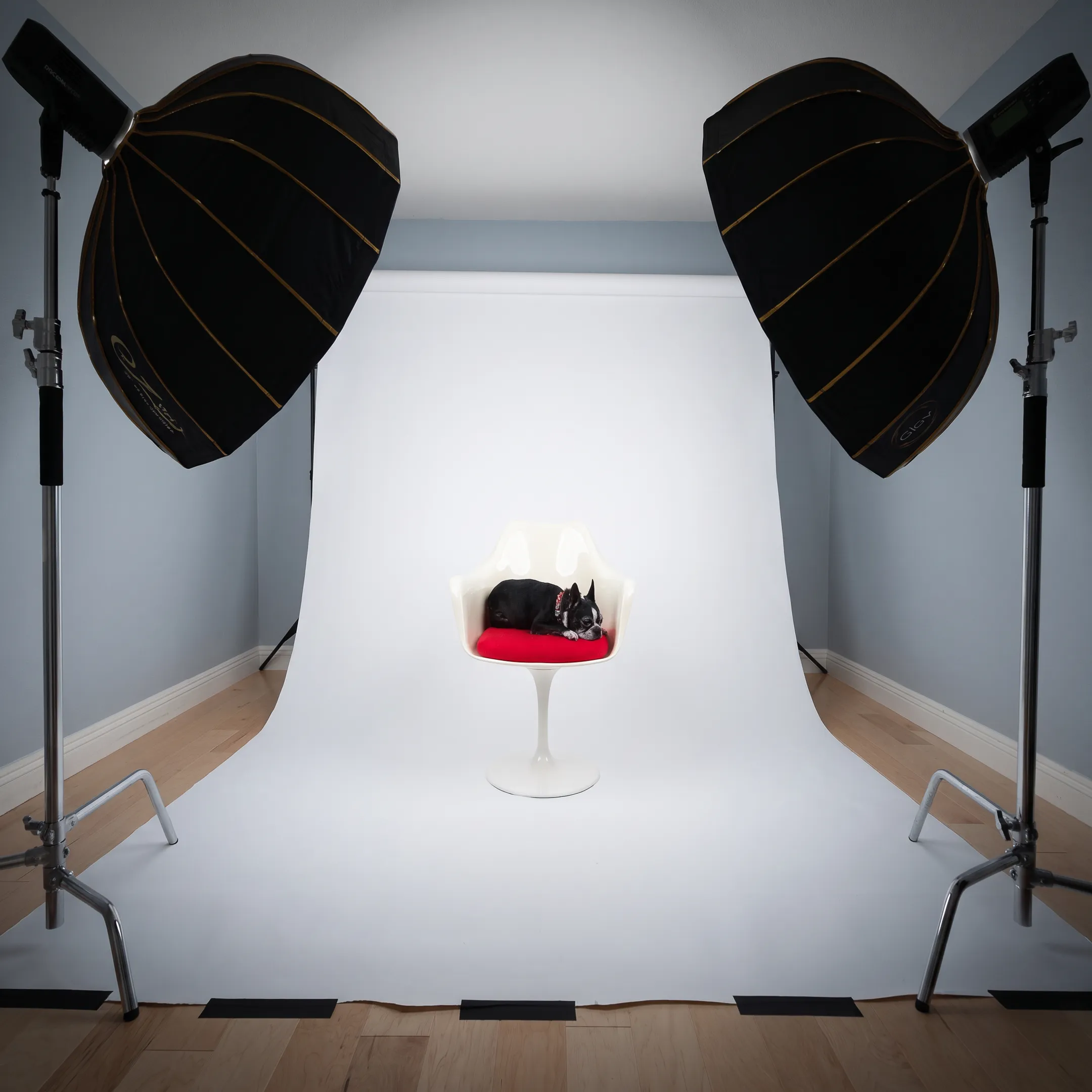 Professional commercial product photography setup with studio lighting and camera equipment