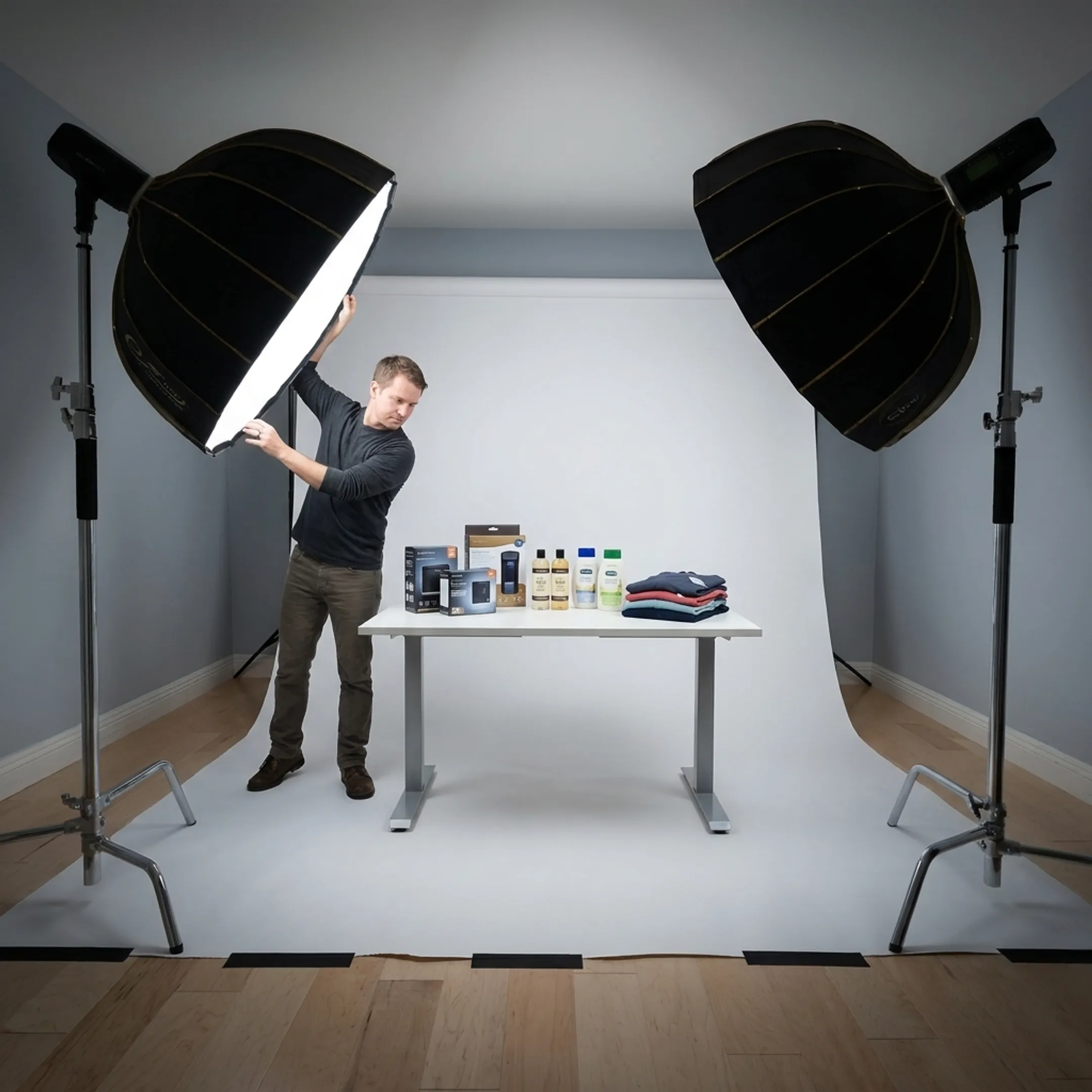 Commercial photographer adjusting studio lighting for high-end product shoot