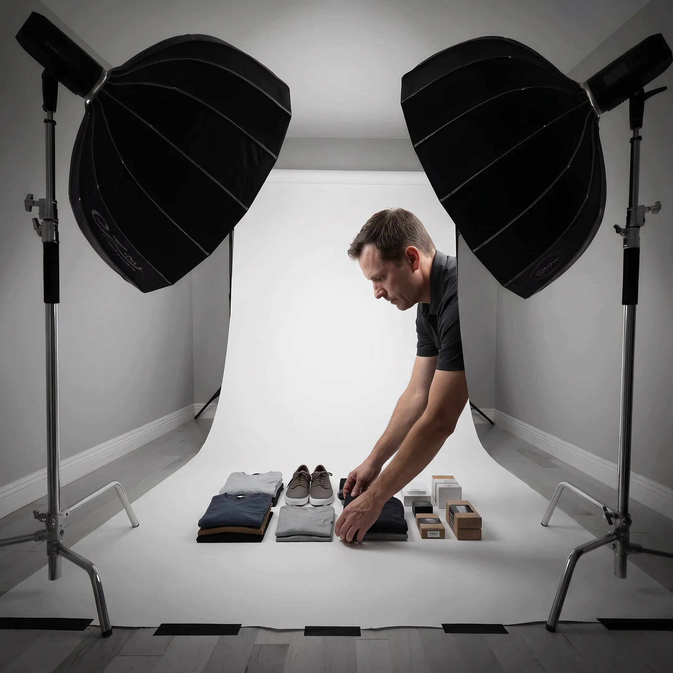 Photographer styling products on a reflective white table under studio lighting