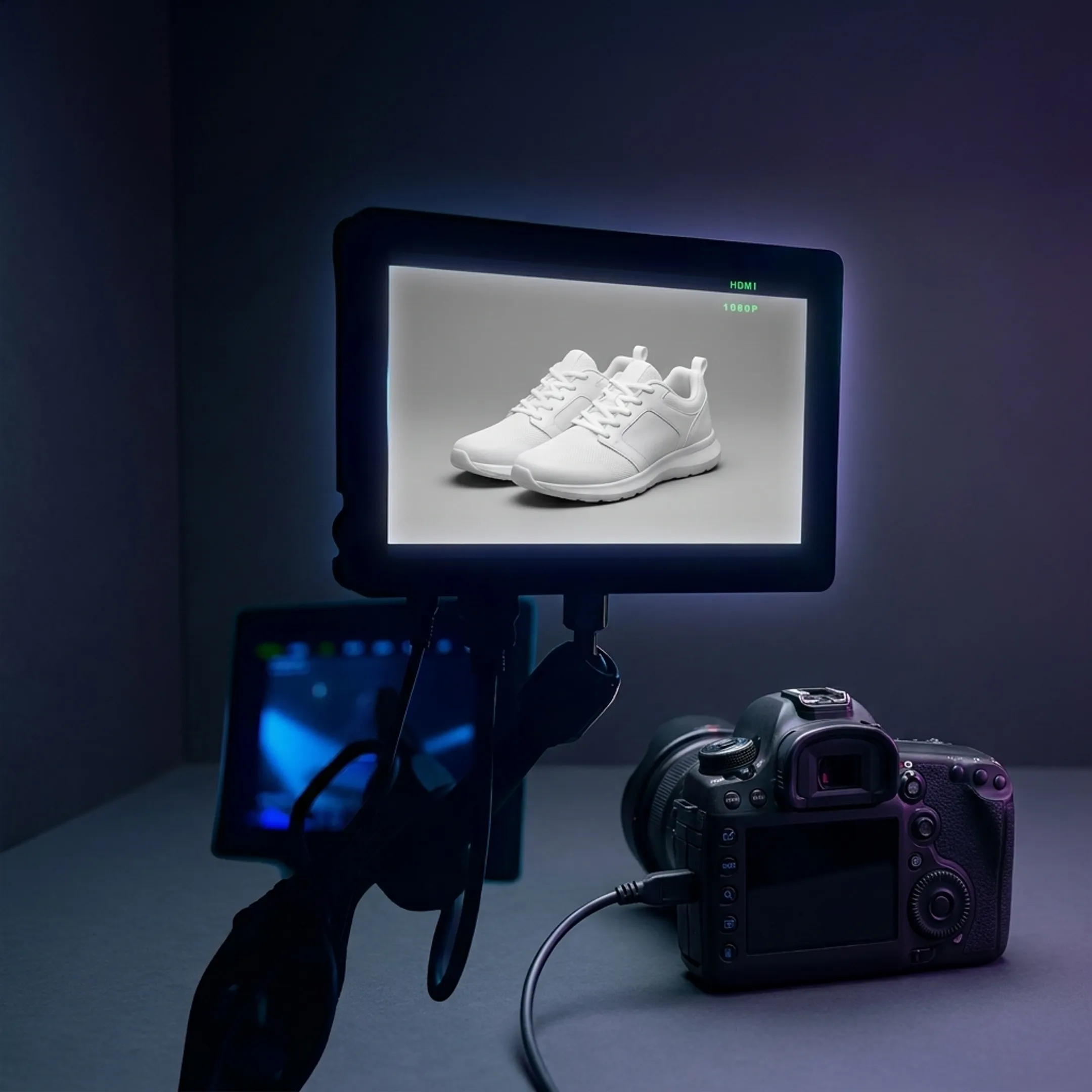 Commercial photographer reviewing high-resolution product images on a studio monitor
