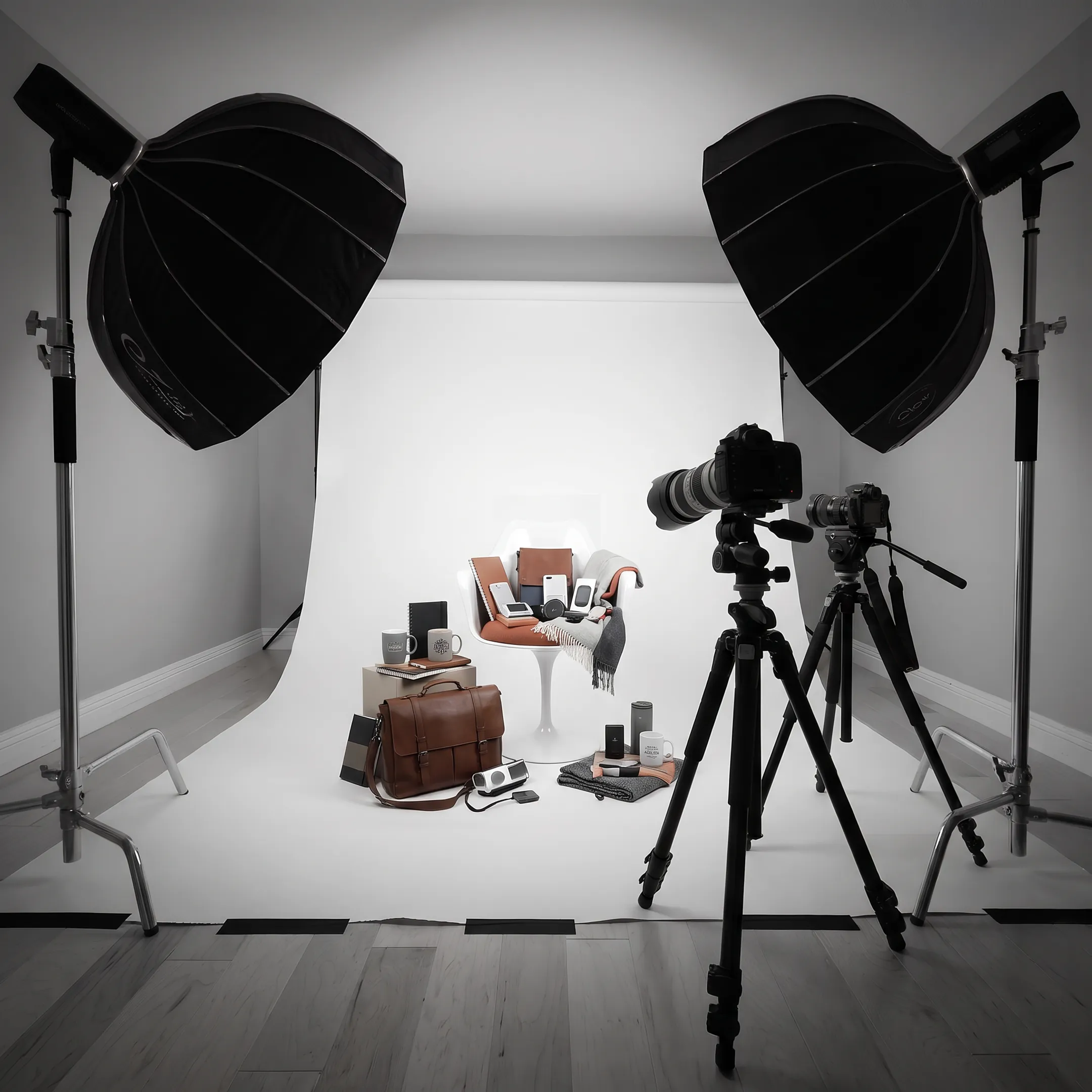 Commercial photo shoot setup with studio strobes and camera tethered to monitor