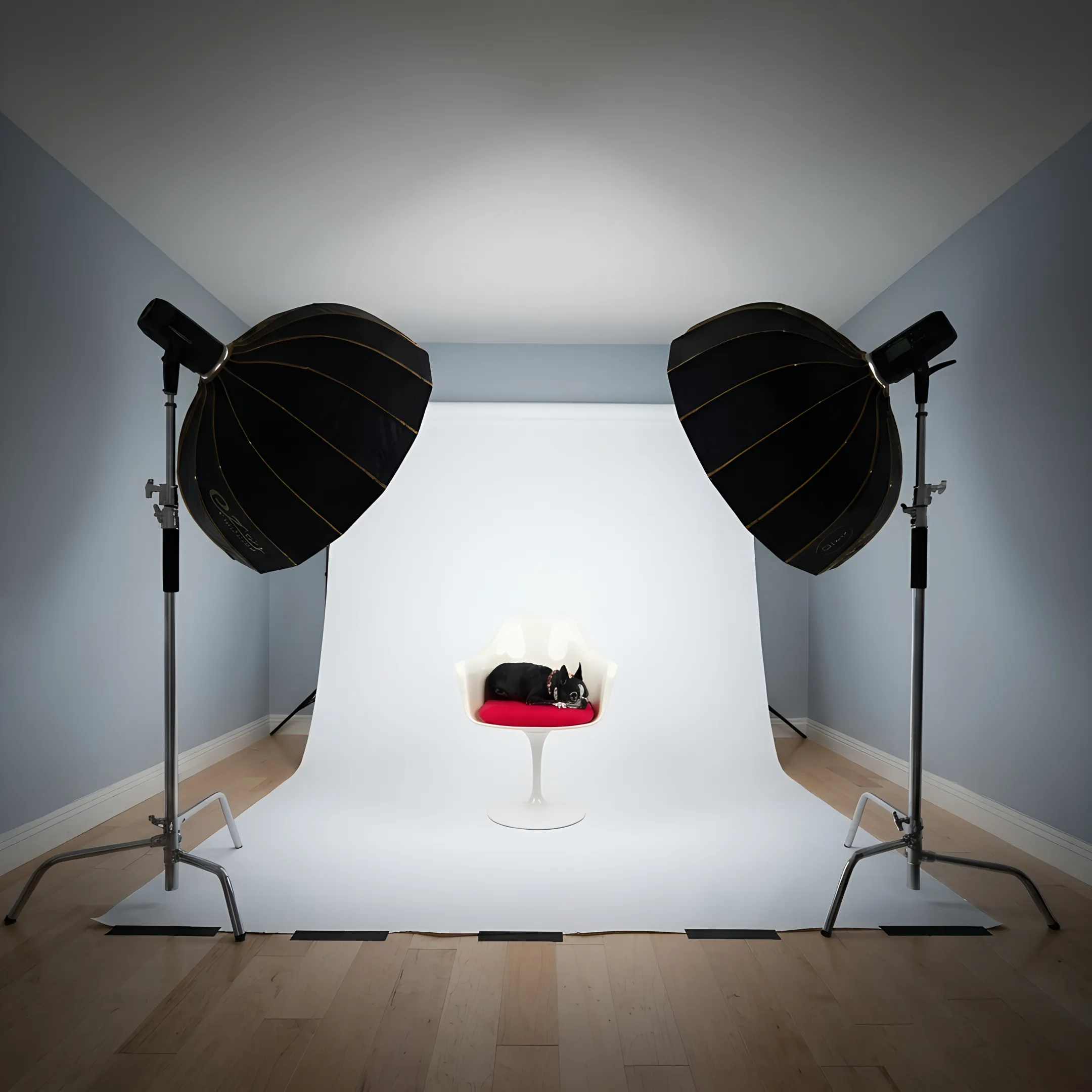 Professional product photography studio workspace with camera and lighting equipment