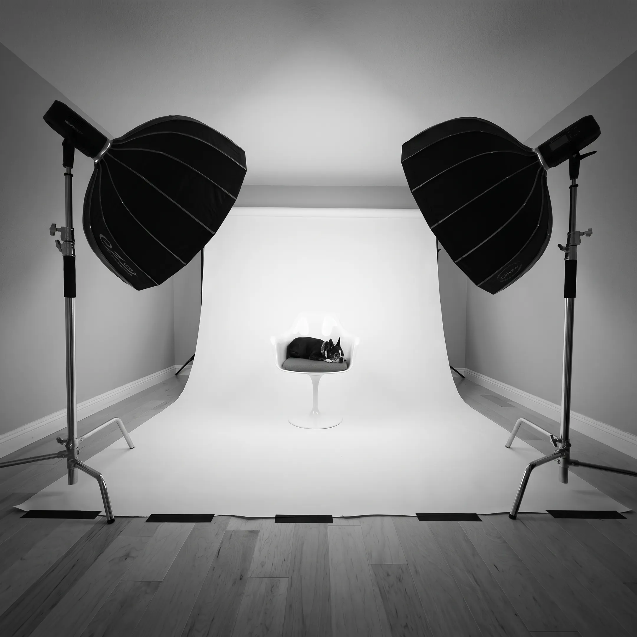 Commercial product photoshoot setup with professional studio lighting and camera equipment