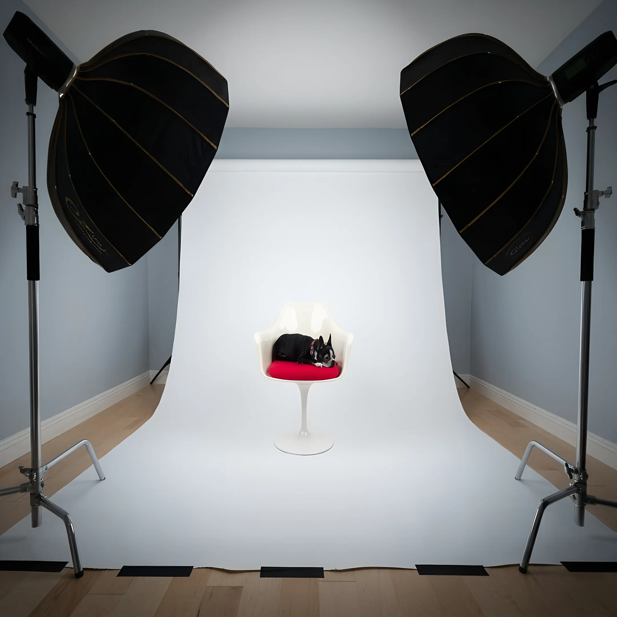 Commercial photographer working with professional studio lighting and camera setup on set