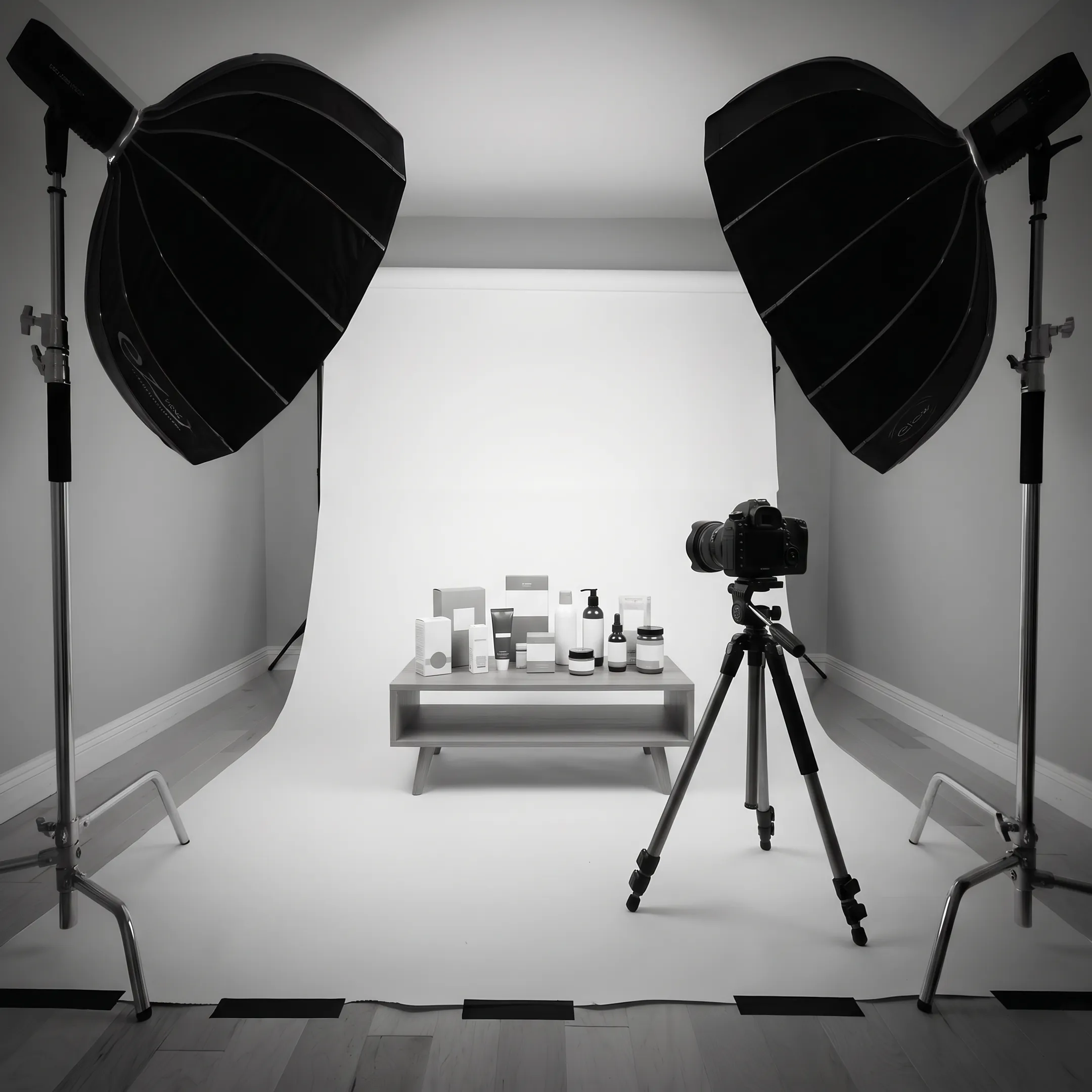 Professional commercial photography studio set with studio lighting and camera equipment