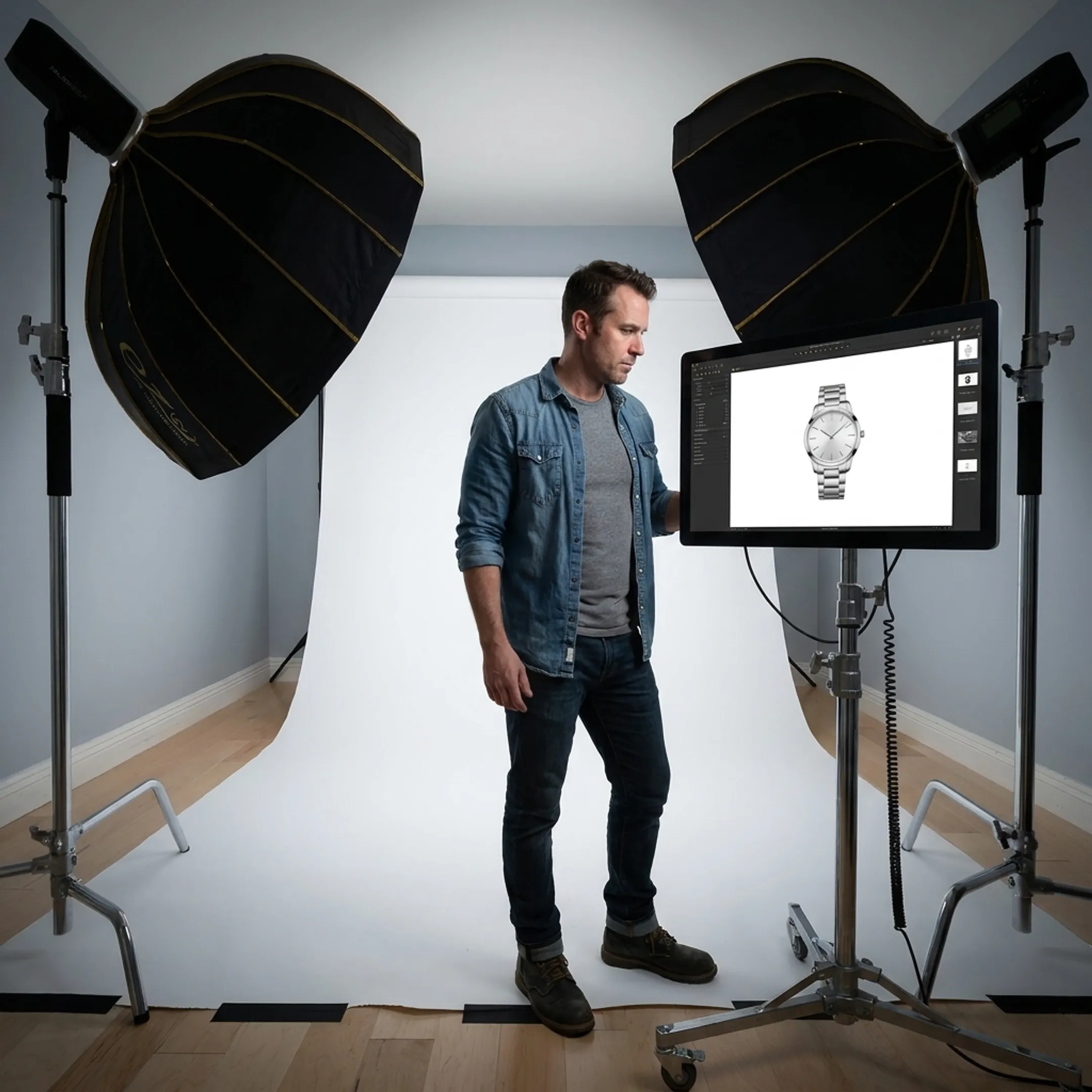 Creative director inspecting commercial product photos on monitor during a studio shoot
