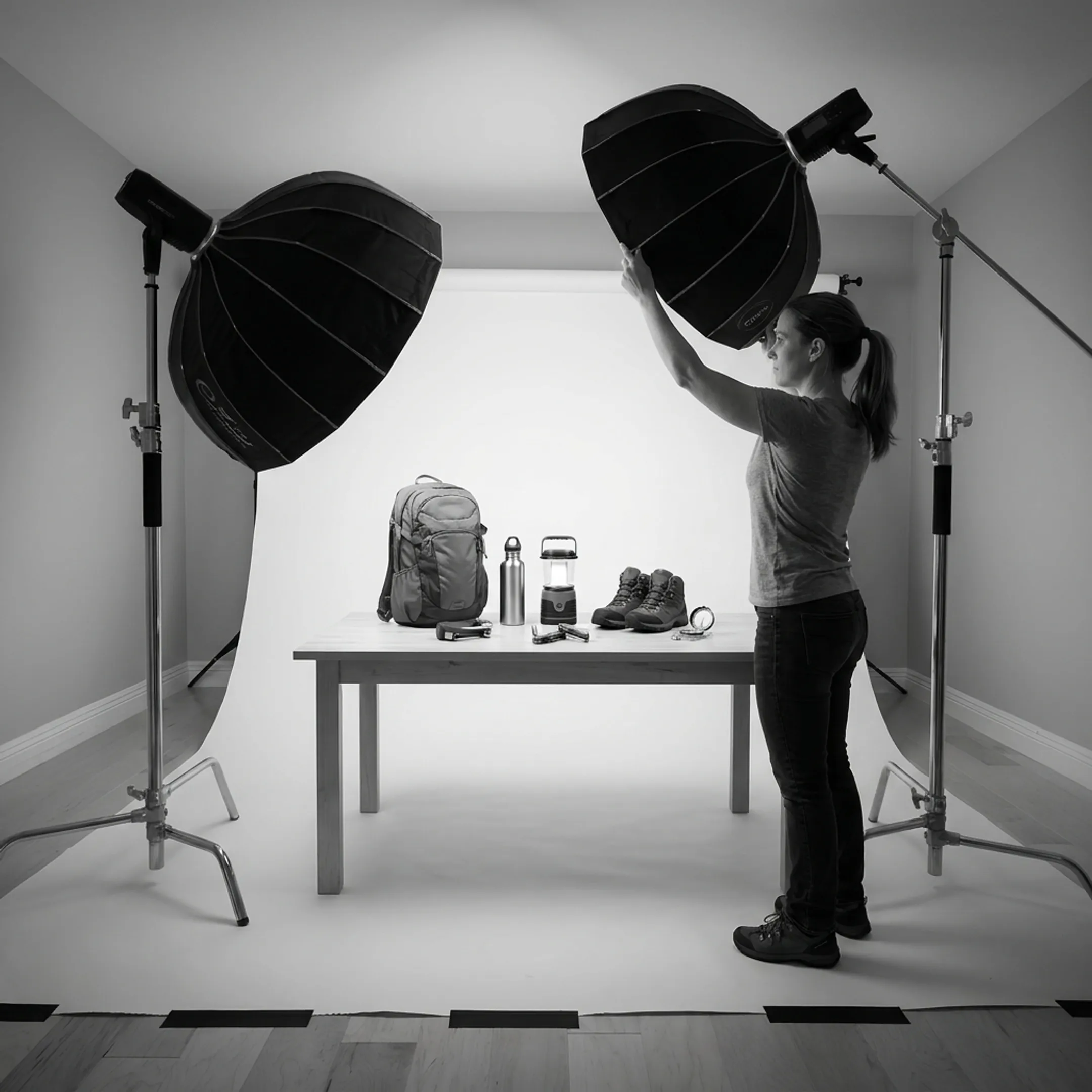 Commercial product photography setup with studio lighting and active lifestyle gear