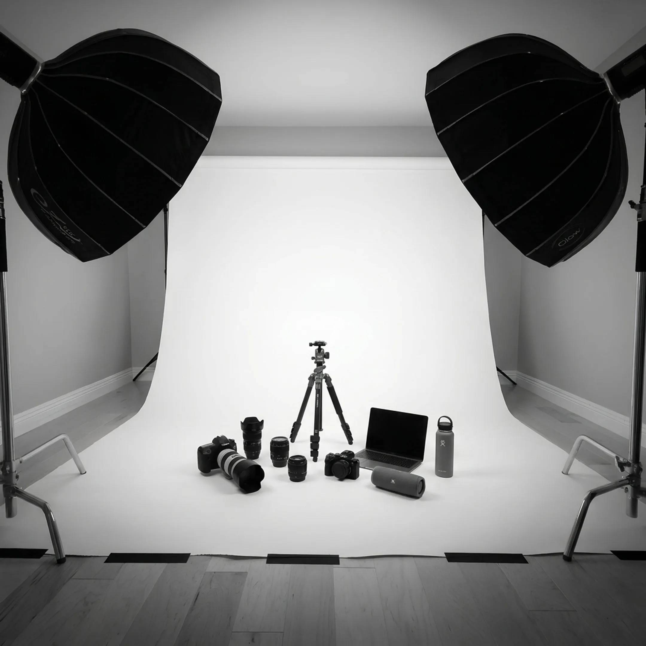 Commercial product photography setup with professional studio lighting