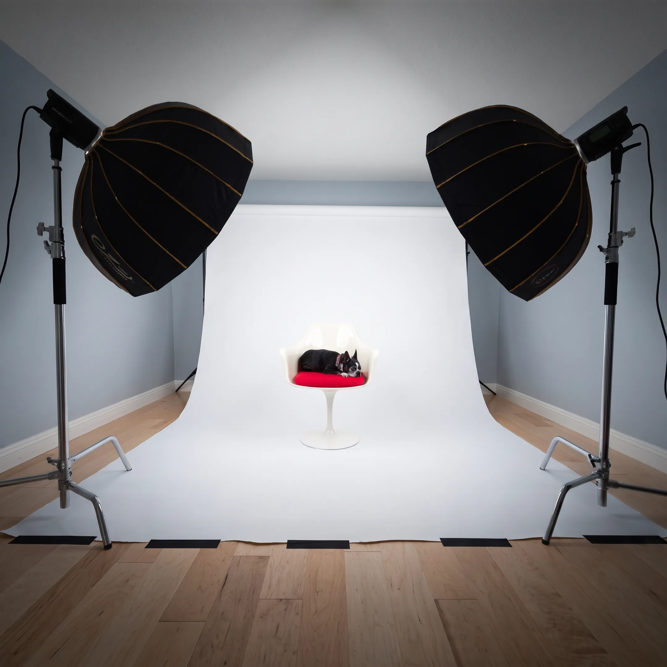 Commercial product photography set with professional lighting and cameras