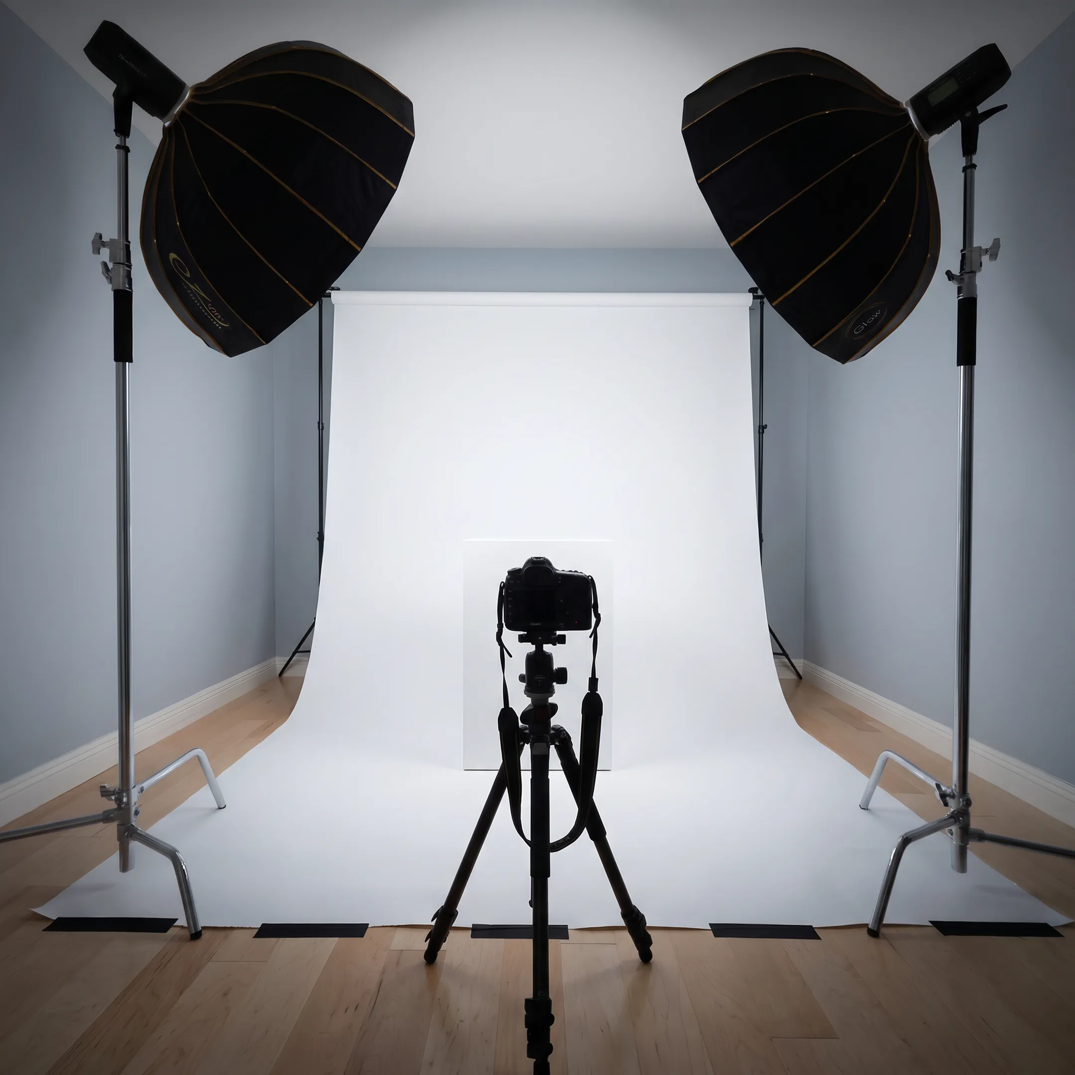 Commercial product photography setup with studio lighting and professional camera equipment
