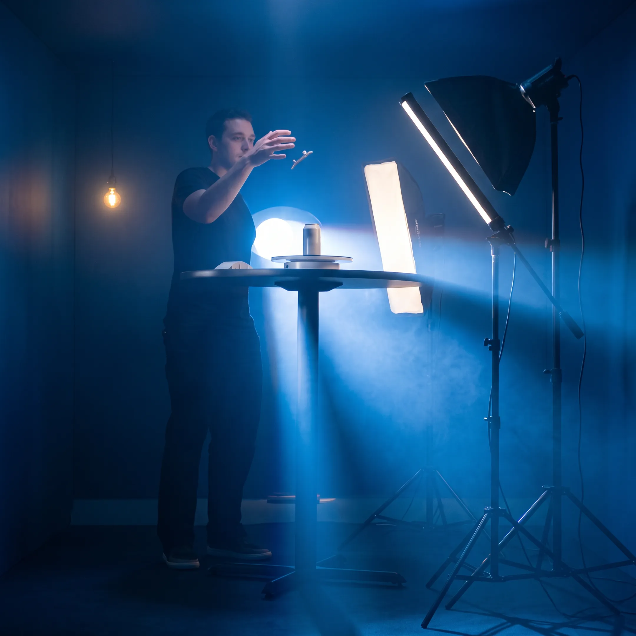 Studio turntable setup capturing 360 product photography of merchandise