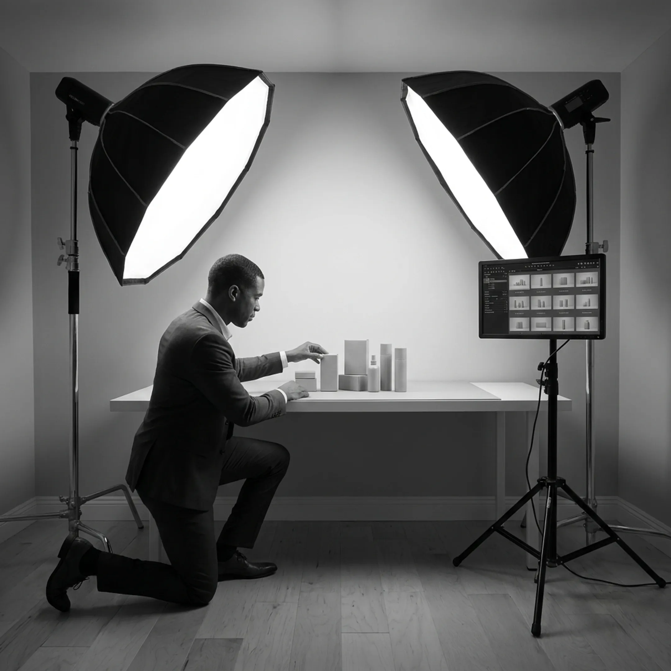 Photographer staging products on a seamless studio background under studio lighting