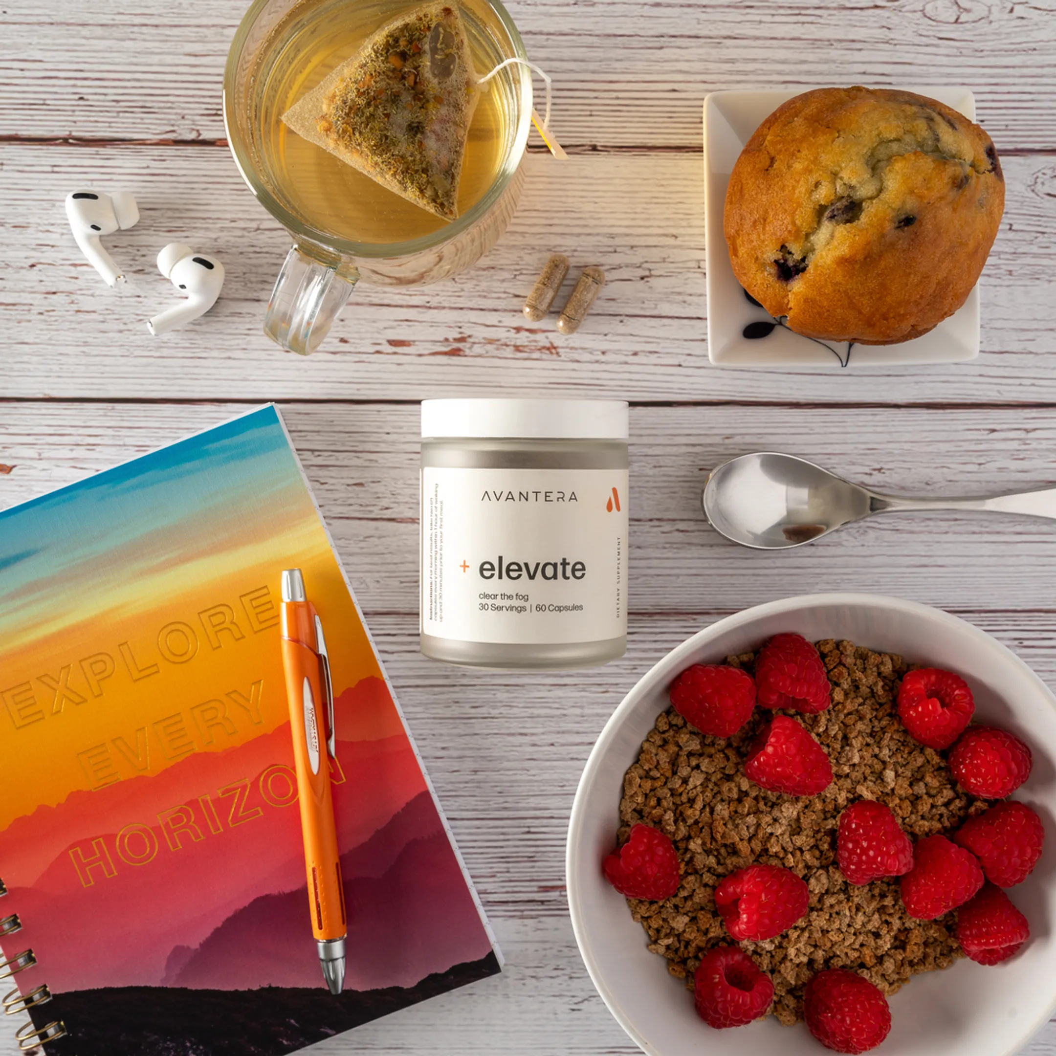 Clean flat lay composition of organic wellness supplements and natural ingredients