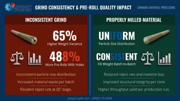 Cannabis milling quality comparison showing yield variance and pre-roll defect rate statistics