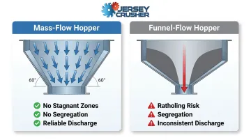 Mass flow versus funnel flow hopper design comparison side-by-side infographic