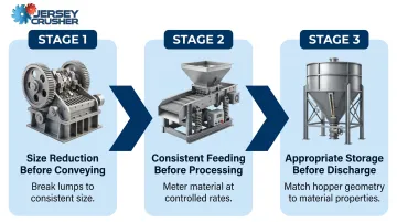 Three-step bulk solids process chain sequencing from size reduction to discharge