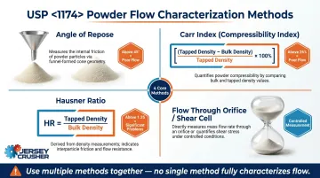 USP 1174 four-method pharmaceutical powder flow characterization infographic