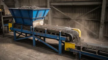 Industrial belt feeder extracting bulk material from hopper onto conveyor