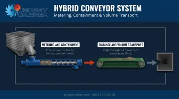 Hybrid conveyor system layout showing screw conveyor feeding into belt conveyor production line