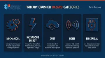 Five industrial crusher hazard categories overview infographic with safety icons