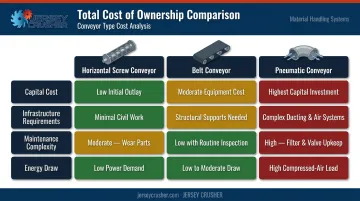 Horizontal screw conveyor versus pneumatic and belt conveyor total cost comparison breakdown