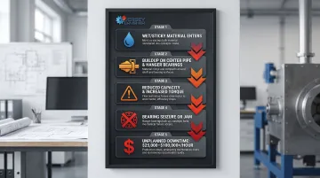 Shafted screw conveyor failure cascade from buildup to costly downtime infographic