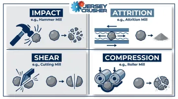 Four grinding force mechanisms impact attrition shear compression illustrated process diagram