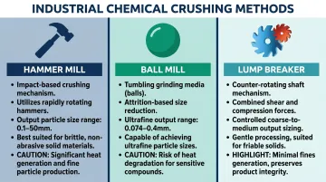 Hammer mill ball mill and lump breaker industrial crushing methods comparison infographic