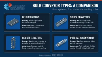 Four main conveyor types comparison chart for bulk material handling systems