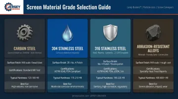 Screen material selection guide comparing carbon steel stainless steel and alloy grades