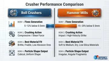 Roll crusher versus hammer mill fines generation percentage side-by-side comparison chart