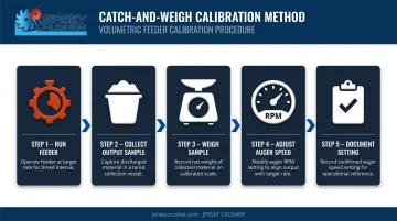 5-step volumetric feeder catch-and-weigh calibration process flow diagram