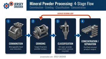 Four-stage mineral powder processing workflow from comminution to separation