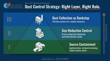 Three-tier dust reduction strategy hierarchy from source containment to collection backstop