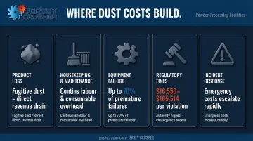 Five categories of powder processing dust costs with OSHA fines and financial impact