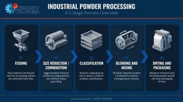 5-stage industrial powder processing workflow from feeding to packaging