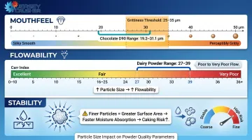 Three food quality parameters affected by particle size mouthfeel flowability stability