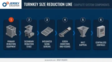 Turnkey size reduction system components diagram showing six integrated stages