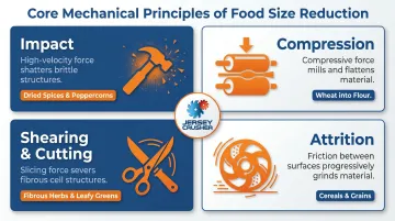 Four food size reduction mechanical principles impact compression shearing attrition infographic