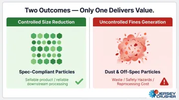 Controlled size reduction versus uncontrolled fines generation comparison infographic